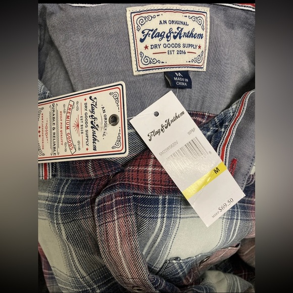 Flag & Anthem Mens Plaid Shirt Button Up Medium Blue Red White Light Weight NWT - Picture 3 of 15